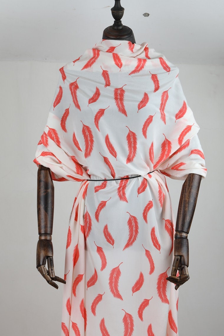 YUMAO - 12 momme Feather Print Silk Crepe de Chine Fabric - 140cm wide by the Yard