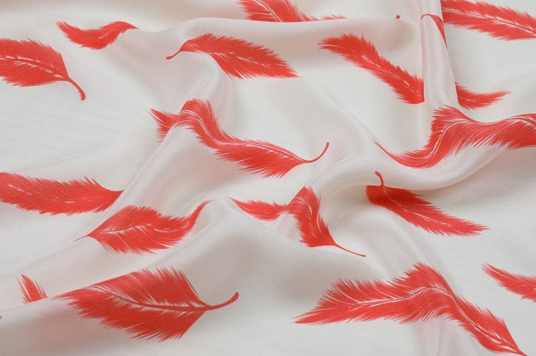 YUMAO - 12 momme Feather Print Silk Crepe de Chine Fabric - 140cm wide by the Yard