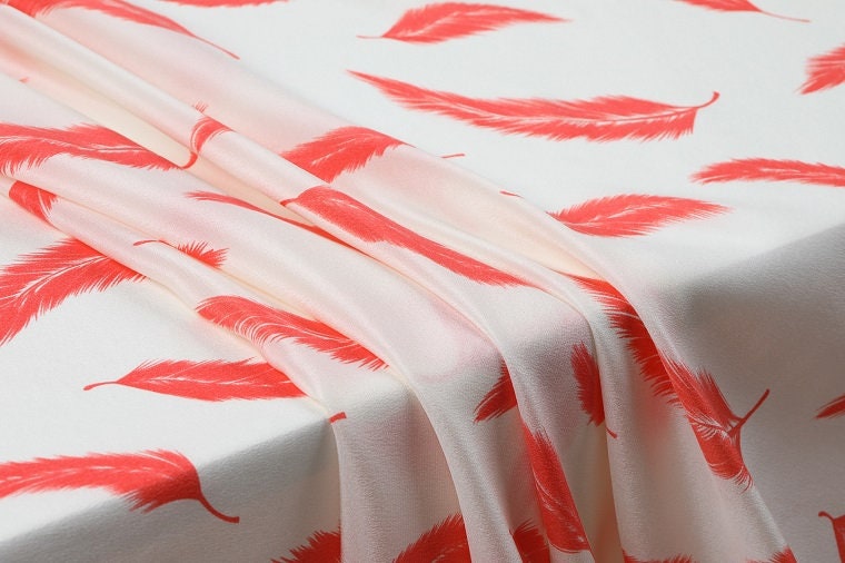 YUMAO - 12 momme Feather Print Silk Crepe de Chine Fabric - 140cm wide by the Yard