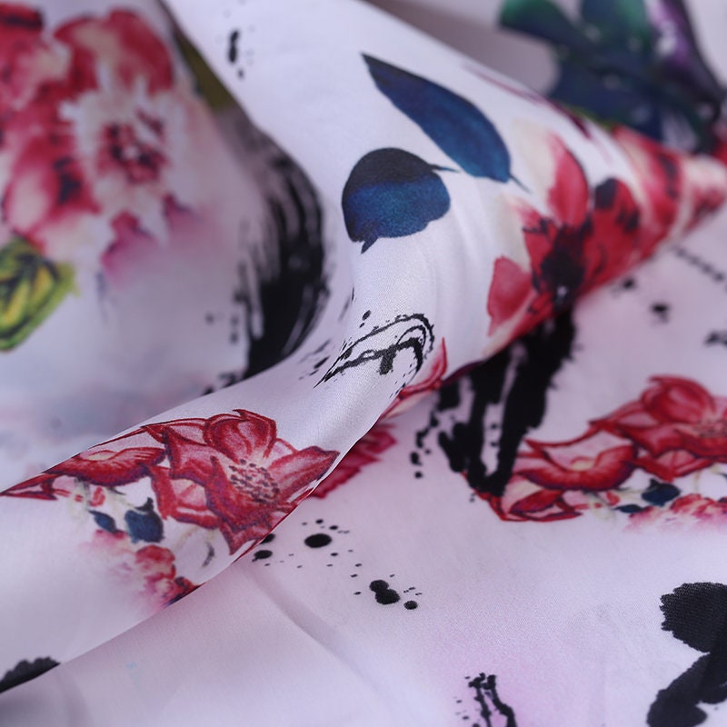 SHENXIA - 14 momme Floral Print Silk Organza Satin Fabric - 138cm wide by the Yard