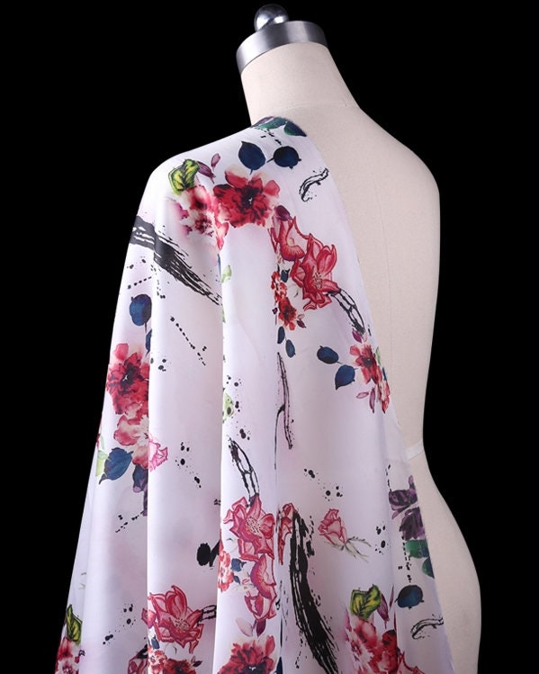 SHENXIA - 14 momme Floral Print Silk Organza Satin Fabric - 138cm wide by the Yard