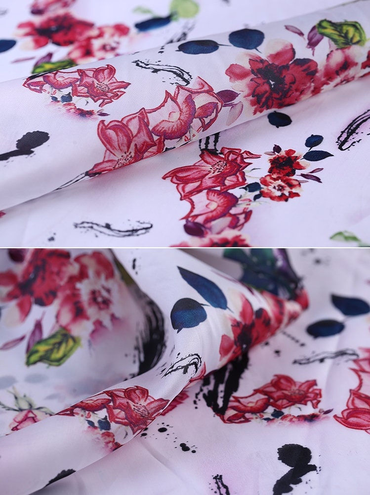 SHENXIA - 14 momme Floral Print Silk Organza Satin Fabric - 138cm wide by the Yard