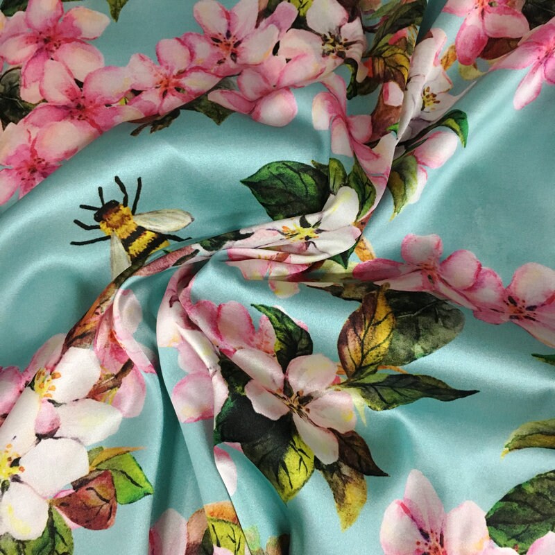 Pink Peach Flowers Printing Silk Stretch Satin Fabric, 42.5"/108cm 19mm, for Autumn dress/Evening Dresses/Skirt/Blouse/Cheongsam,by the yard