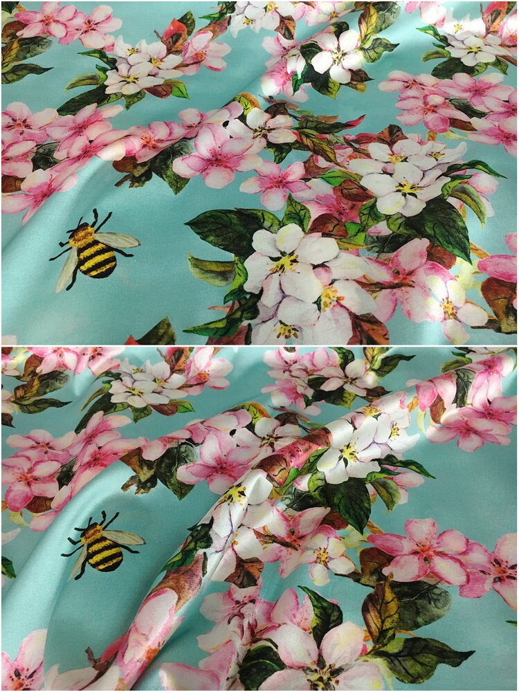 Pink Peach Flowers Printing Silk Stretch Satin Fabric, 42.5"/108cm 19mm, for Autumn dress/Evening Dresses/Skirt/Blouse/Cheongsam,by the yard