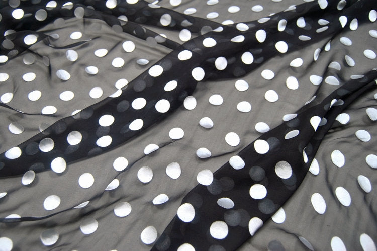 BAIHEIDI - White Polka Dots Black Sheer Burnout Silk Devore Satin Fabric - 138cm wide by the Yard