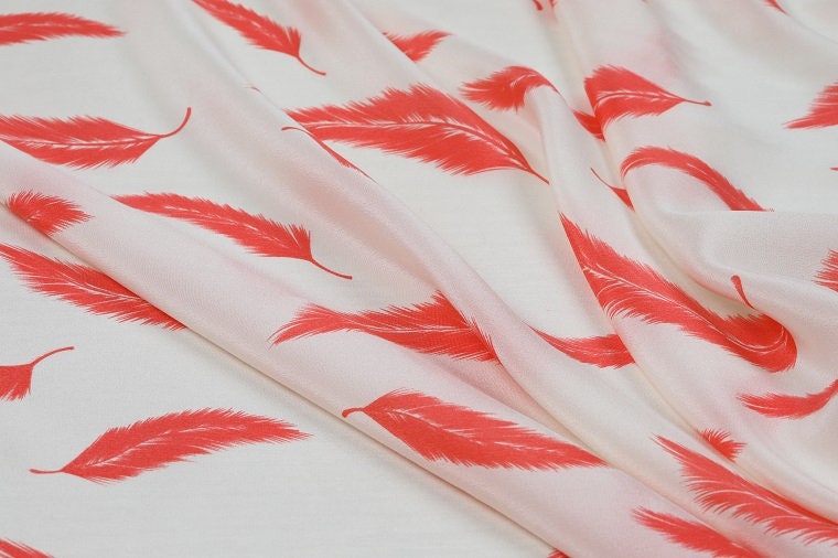 YUMAO - 12 momme Feather Print Silk Crepe de Chine Fabric - 140cm wide by the Yard