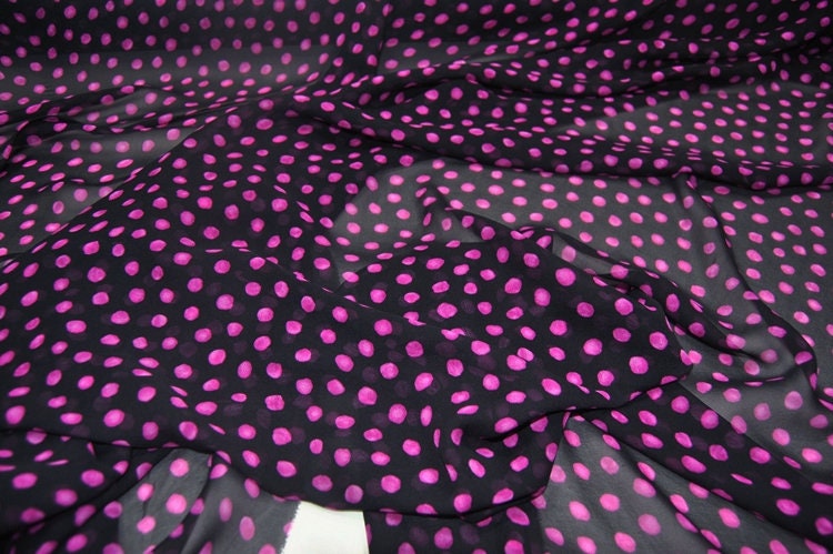 PINKA - 10 Momme Pink Polka Dots on Black Silk Georgette Fabric - 138cm by the yard