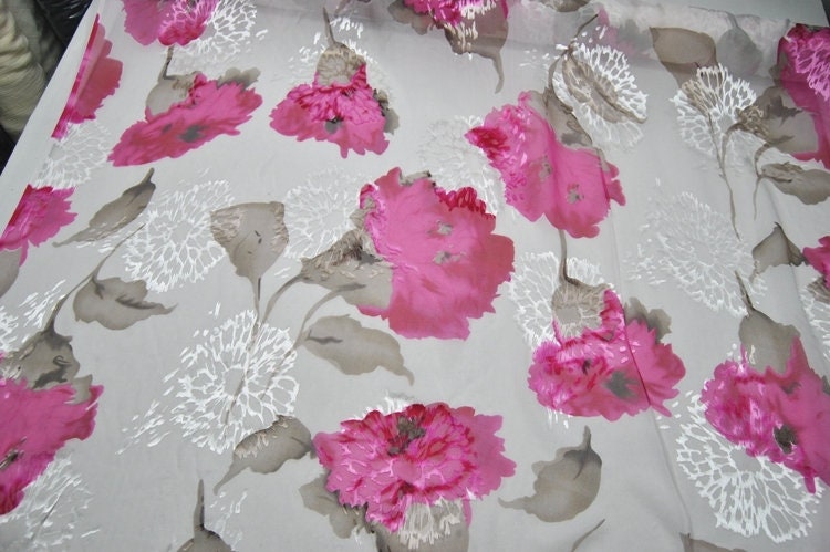 KANGXIN - Pink Flowers Print Sheer Burnout Silk Devore Satin Fabric - 114cm wide by the Yard