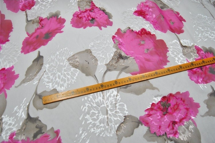 KANGXIN - Pink Flowers Print Sheer Burnout Silk Devore Satin Fabric - 114cm wide by the Yard