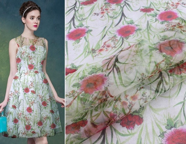 MEIRCAO - 6 momme Floral Print Silk Organza Fabric - 138cm wide by the Yard