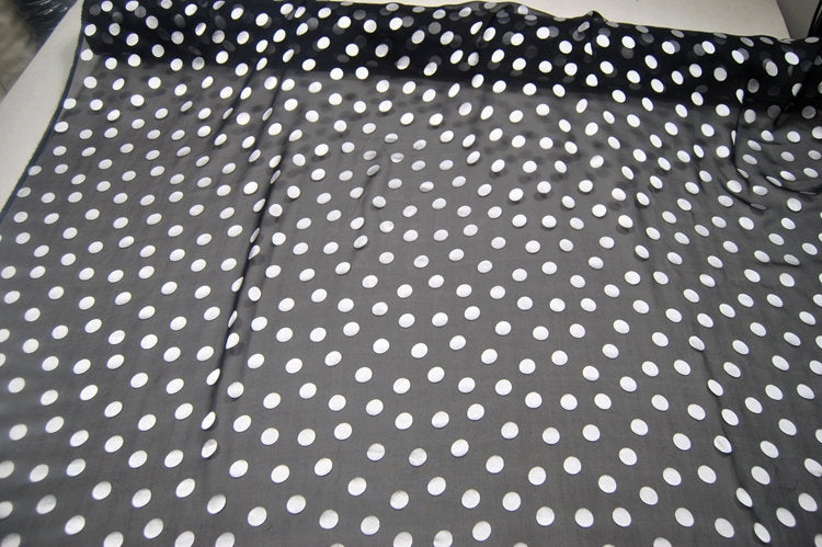 BAIHEIDI - White Polka Dots Black Sheer Burnout Silk Devore Satin Fabric - 138cm wide by the Yard