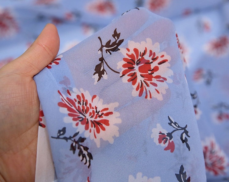 XUERHUA - 10 Momme Red Floral on Cool Blue Silk Georgette Fabric 138cm by the Yard