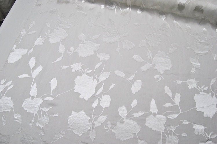 12 Momme White Flowers Sheer Burnout Silk Devore Satin Fabric - 114cm wide by the Yard