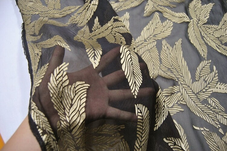 JINYEZI - Gold Leaf Black Sheer Burnout Silk Devore Satin Fabric - 140cm wide by the Yard