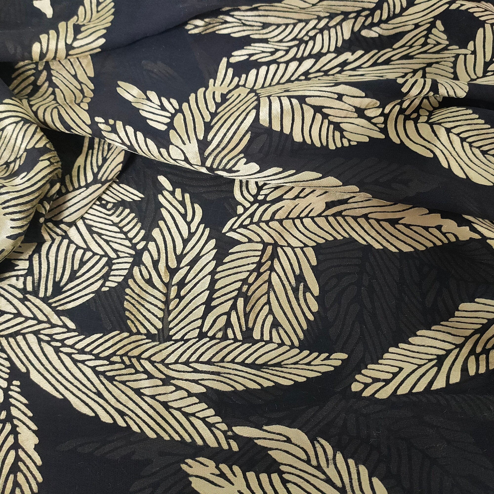 JINYEZI - Gold Leaf Black Sheer Burnout Silk Devore Satin Fabric - 140cm wide by the Yard