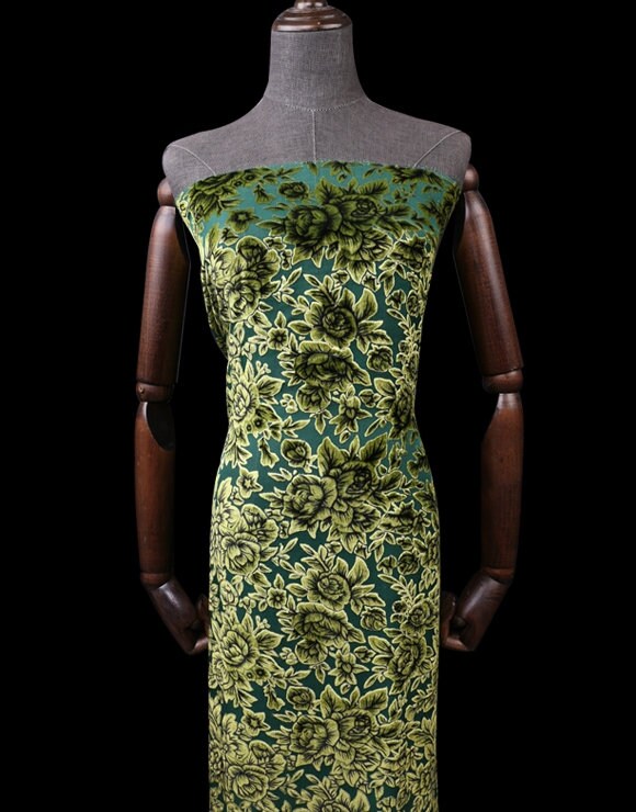XIAOMD - Green Flowers Sheer Burnout Silk Velvet Fabric - 114cm wide by the Yard