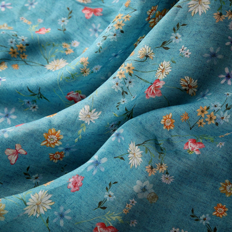 HUPAN Little Flowers Printed Blue Ramie fabric By the Yard