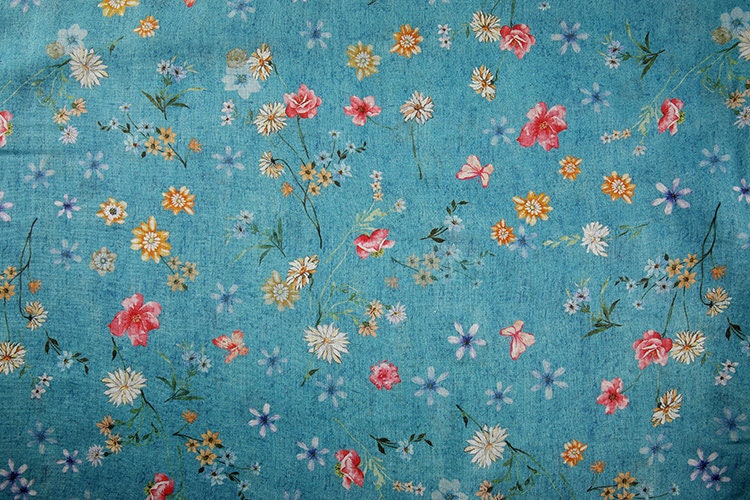 HUPAN Little Flowers Printed Blue Ramie fabric By the Yard