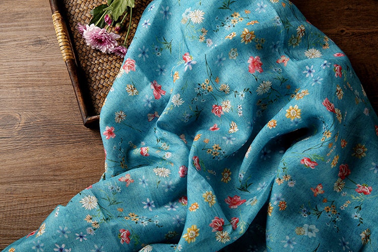 HUPAN Little Flowers Printed Blue Ramie fabric By the Yard