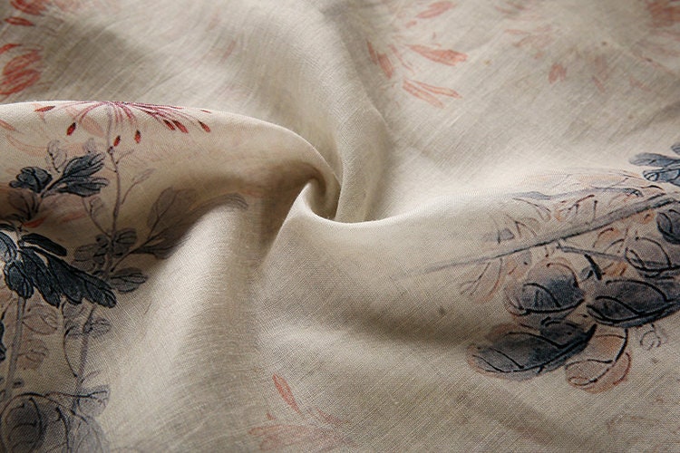 MULAN Autumn Chrysanthemum Printed Beige Ramie fabric By the Yard