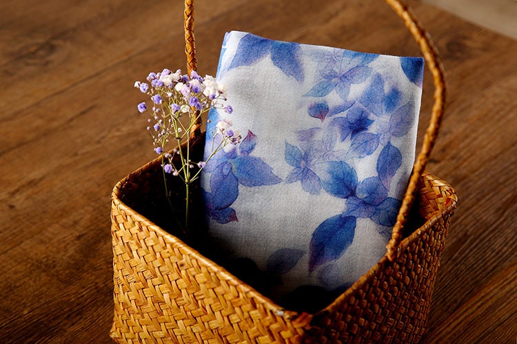 LANYOU Beautiful Indigo Leaves Printed Ramie fabric By the Yard