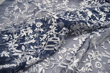 HAIKUO - Navy Blue Embroidered Silk Organza Fabric - 130cm wide by the Yard