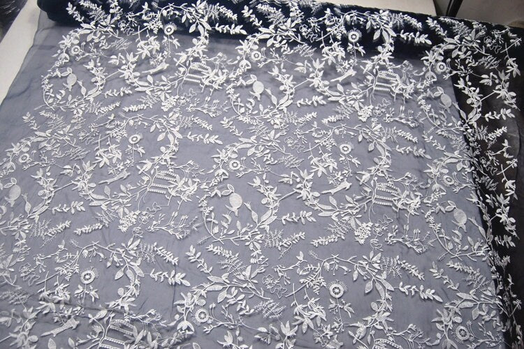 HAIKUO - Navy Blue Embroidered Silk Organza Fabric - 130cm wide by the Yard