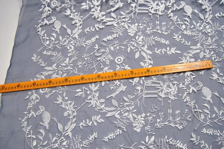 XIAOSUI - White Embroidered Silk Organza Fabric - 130cm wide by the Yard