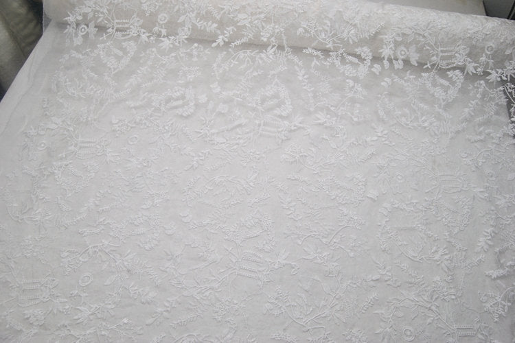 XIAOSUI - White Embroidered Silk Organza Fabric - 130cm wide by the Yard