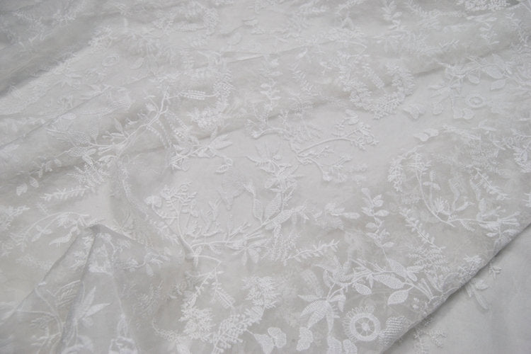 HAIKUO - Navy Blue Embroidered Silk Organza Fabric - 130cm wide by the Yard