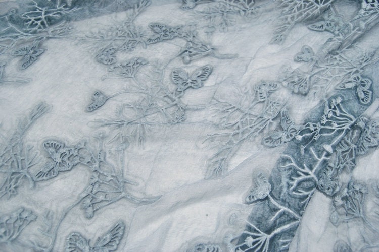 Plants Dyed Crinkled Silk Georgette Fabric/Butterfly Embroidery silk fabric by the Yard