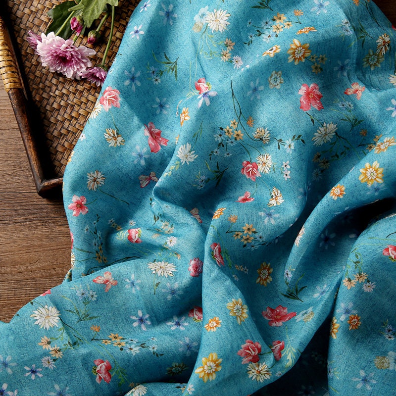 HUPAN Little Flowers Printed Blue Ramie fabric By the Yard