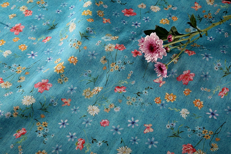 HUPAN Little Flowers Printed Blue Ramie fabric By the Yard