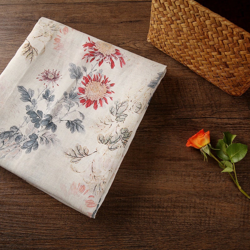 MULAN Autumn Chrysanthemum Printed Beige Ramie fabric By the Yard