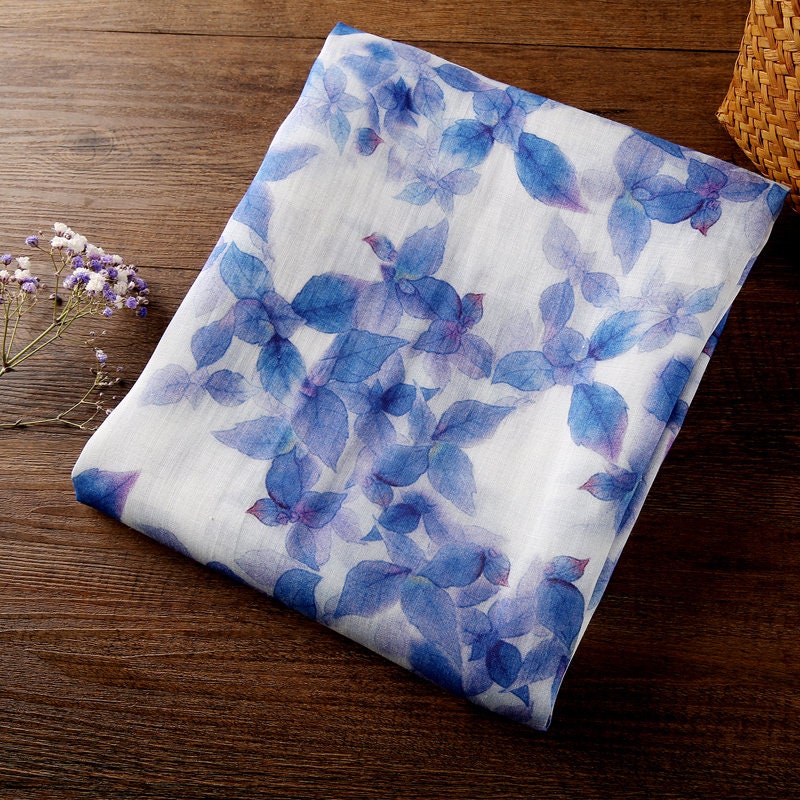LANYOU Beautiful Indigo Leaves Printed Ramie fabric By the Yard
