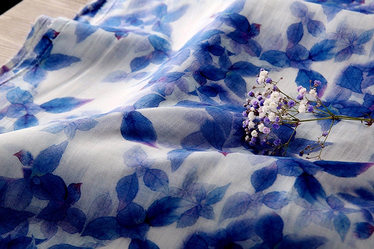 LANYOU Beautiful Indigo Leaves Printed Ramie fabric By the Yard
