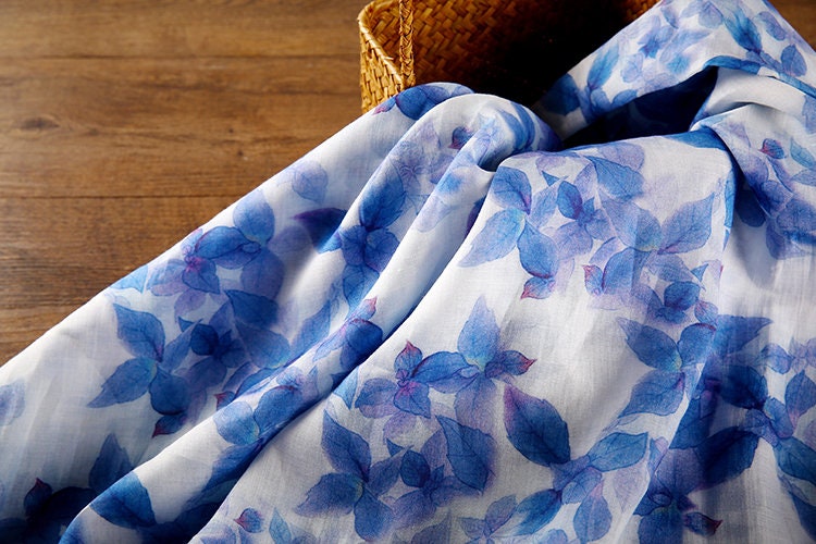 LANYOU Beautiful Indigo Leaves Printed Ramie fabric By the Yard