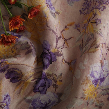 ZIWEI Purple Roses Floral Printed Ramie Fabric By the Yard