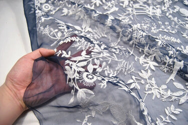 HAIKUO - Navy Blue Embroidered Silk Organza Fabric - 130cm wide by the Yard