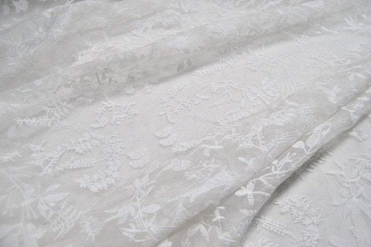 XIAOSUI - White Embroidered Silk Organza Fabric - 130cm wide by the Yard