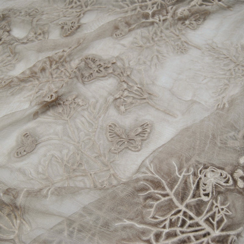 Plants Dyed Crinkled Silk Georgette Fabric/Butterfly Embroidery silk fabric by the Yard