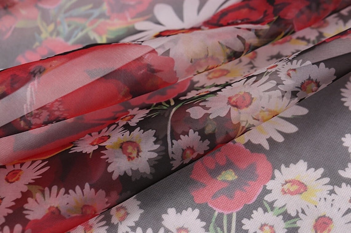 XIANGYANG - 6 momme Floral Print Silk Organza Fabric - 138cm wide by the Yard