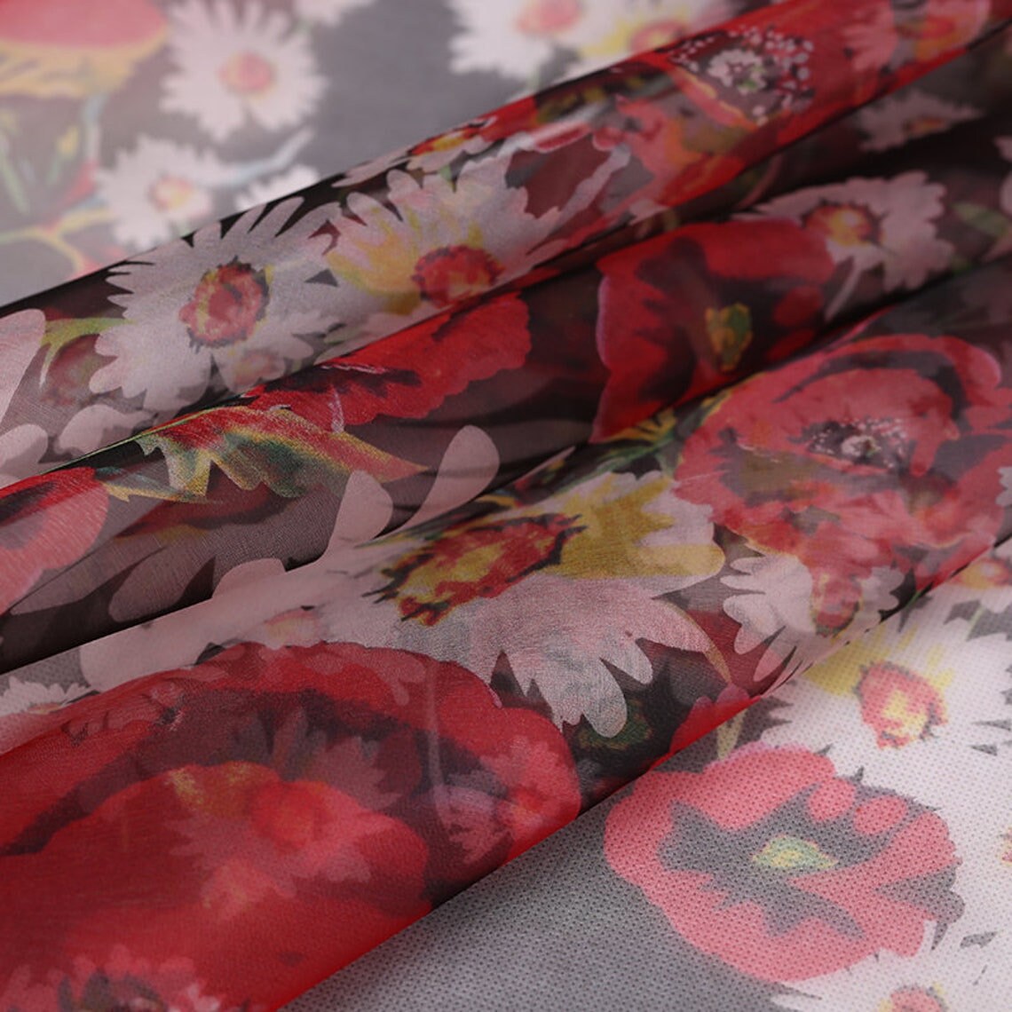 XIANGYANG - 6 momme Floral Print Silk Organza Fabric - 138cm wide by the Yard