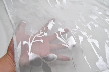 BAIZHIYE - White Flowers Sheer Burnout Silk Devore Satin Fabric - 138cm wide by the Yard