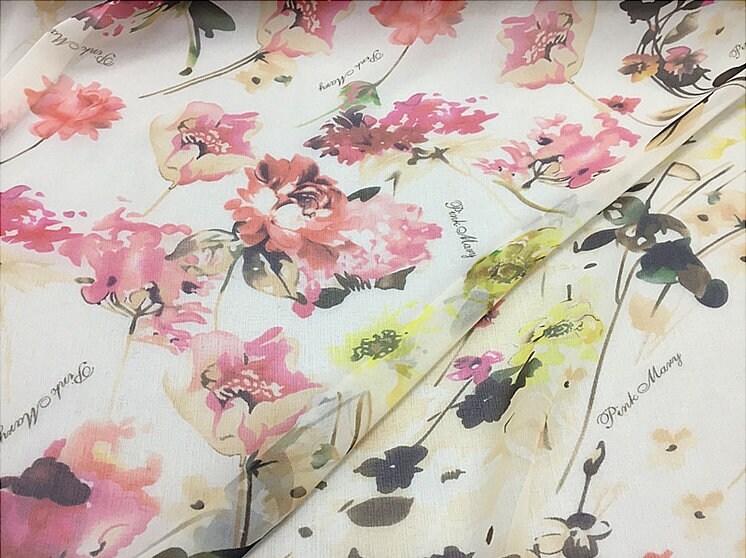 WENROU - 8 Momme Soft Pink Floral Print on White Silk Georgette Fabric - 110cm wide by the Yard