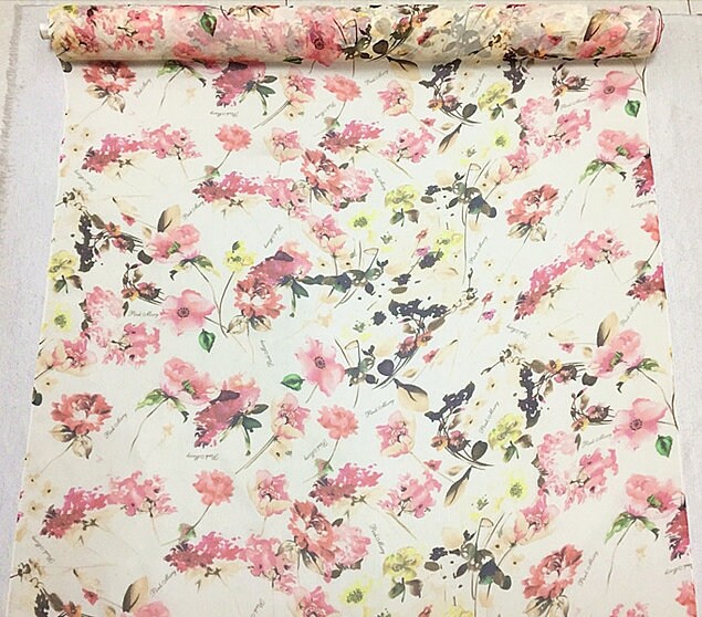 WENROU - 8 Momme Soft Pink Floral Print on White Silk Georgette Fabric - 110cm wide by the Yard