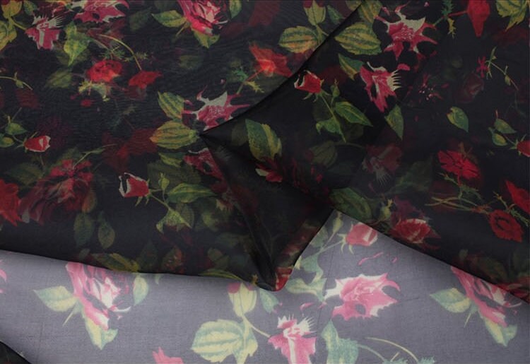 HMEIGUI - 6 momme Floral Print Silk Organza Fabric - 114cm wide by the Yard