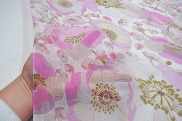 YINSU - 6 Momme Purple pink Floral Print Crinkled Silk Georgette Fabric 140cm by the Yard