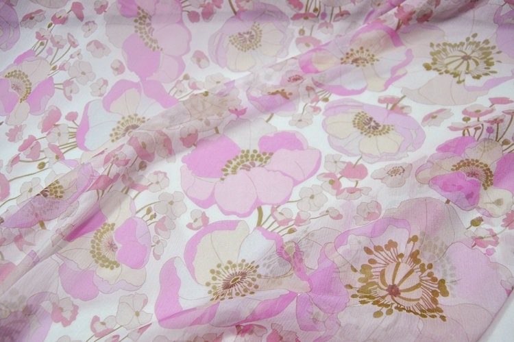 YINSU - 6 Momme Purple pink Floral Print Crinkled Silk Georgette Fabric 140cm by the Yard