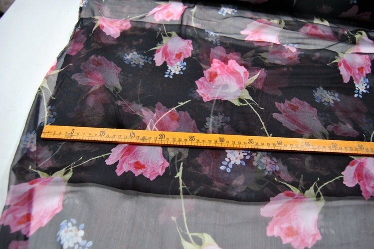 FENHUA - 6 Momme Pink Floral Print on Black Crinkled Silk Georgette Fabric 140cm by the Yard